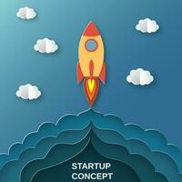 Rocket for startup business project. Paper cut startup poster template with space rocket. Concept business idea, startup, exploration. flyers, banners, posters and templates design. vector