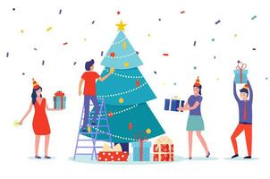 People set christmas tree decoration and give present to each other. celebrate new year. use for, landing page, template, ui, web, homepage, poster, banner, flyer. Vector illustration in flat style