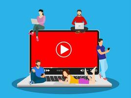 Video concept. people using mobile gadgets, tablet pc and smartphone for live watching a video via internet. Vector illustration in flat style