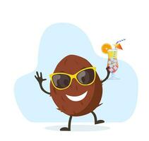 Funny Coconut character with human face and cocktail glass having fun at party. Colorful summer design. Vector illustration in flat style