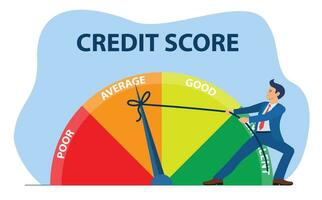 Credit score concept. businessman pulling scale changing credit information from poor to good, excellent. Payment history data meter. Vector illustration in flat style.