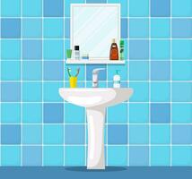 baño lavabo con espejo, cosmético botellas, tarro de crema, líquido jabón, pasta dental y cepillo de dientes. parte de baño interior. vector ilustración en plano estilo