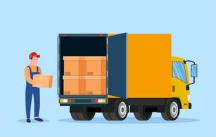 Delivery service concept. moving house. Open delivery truck with furnitures and cardboard boxes. Man with cardboard boxes. Vector illustration in flat style