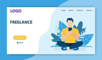 Freelance work landing page template. Concept design for poster, banner, flyer, web page. man using phone sitting in nature with crossed legs. Vector illustration in flat style