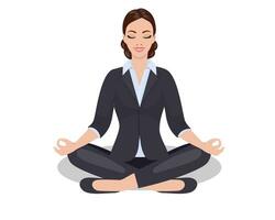 Business woman sitting in the padmasana lotus pose. Office worker meditating, relaxing or doing yoga after stress and hard work day. Vector illustration in flat style