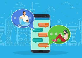 happy people use mobile smartphonefor chatting in social media, for, landing page, template, ui, web, mobile app, poster, banner, flyer. Vector illustration in flat style