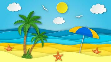 mar paisaje con playa con paraguas, olas, palma nubes papel cortar fuera digital arte estilo. resumen azul mar y playa verano antecedentes con papel olas y litoral. vector ilustración