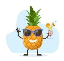 Funny pineapple character with human face and cocktail glass having fun at party. Colorful summer design. Vector illustration in flat style