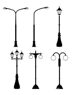 Old street lamps set in monochrome style. illustrations isolate. Urban lantern streetlight classic. Vector illustration in flat style