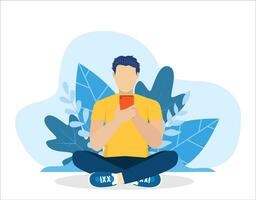 man using phone, sitting legs crossed. man running remotely on freelance, job on smartphone, communicates through social networks. Vector illustration in flat style