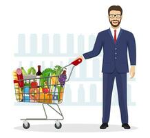 Young man pushing supermarket shopping cart full of groceries. Vector illustration in flat style