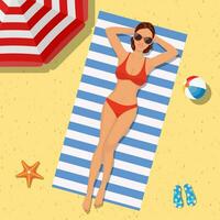 niña en el playa con un bikini. verano tiempo. hermosa mujer vistiendo acostado en el playa en un blanco y azul a rayas toalla. vector ilustración en plano estilo