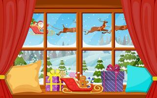 Christmas window view with a snowy landscape vector