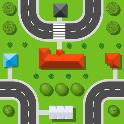 Seamless repeating background urban pattern. Top view of the city quarter with streets, houses, trees, town landscape