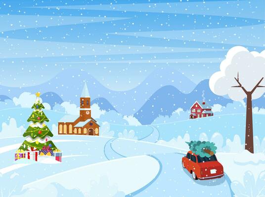 Car with christmas tree on the road. Christmas landscape background with snow and tree. Merry christmas holiday. New year and xmas celebration. Vector illustration in flat style