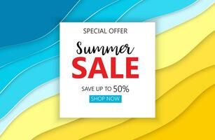 Summer sale banner with paper cut frame on blue sea and beach summer background with curve paper waves and seacoast for banner, flyer, poster or web site design. Paper cut style. Vector illustration