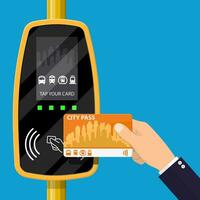 Terminal and passenger transport card in hand. Airport, metro, bus, subway ticket terminal validator. Wireless, contactless or cashless payments, rfid nfc. Vector illustration in flat style