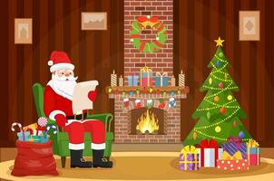 Merry Christmas. Santa Claus sitting in armchair near fireplace in living room and reading wish list. Christmas background Vector illustration in flat style