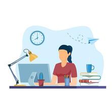 mujer trabajando en Internet utilizando ordenador portátil y Bebiendo café. trabajo a hogar. educación o trabajando concepto. mesa con libros, lámpara, café taza. vector ilustración en plano estilo