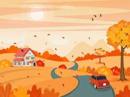 autumn fall cartoon Landscape with a car on the road background. trees and hills on the plain. Vector illustration in flat style.