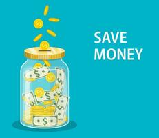 Money Jar. Saving dollar coin in jar.Save your money concept. Vector illustration in flat style