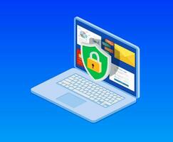 Data protection. Internet security. 3d isometric computer pc with shield, lock. Concept for web page, banner, presentation, social media, documents, cards posters vector