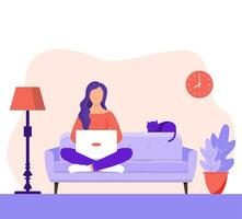 girl with laptop sitting on the sofa. Freelance or studying concept. web page design template for online education, training and courses, learning, video tutorials. Vector illustration in flat style