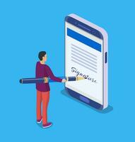 Electronic contract or digital signature concept. Business man puts signature. Flat 3d web isometric contract signature infographic concept. Vector illustration in flat style