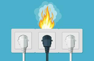 Fire wiring. Socket and plug on fire from overload. Electrical safety concept. Short circuit electrical circuit. Broken electrical connection vector