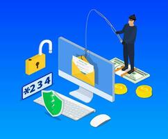 isometric Login into account in email envelope and fishing hook. Internet phishing, hacked login and password. Netwrok and internet security. Anti virus, spyware, Vector illustration in flat style