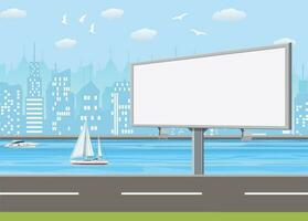 Empty urban big board or billboard with lamp. Blank mockup. Marketing and advertisement. Cityscape background with buildings, sky and clouds. Vector illustration in flat style