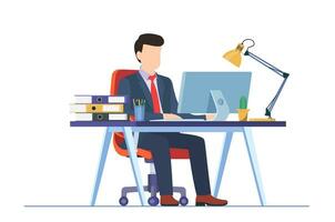 Businessman sitting at desk working on computer in office. Office worker working paperwork. Computer on table. Vector illustration in flat style