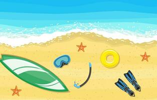 beach landscape with surf boards scene background of sand near the sea surf with starfish, top view. Vector illustration in flat style