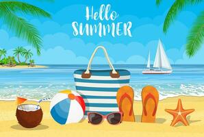 Summer accessories for the beach with yachts. Bag, sunglasses, flip flops, starfish, ball. Against the background of the sun the sea and palm trees. Vector illustration in flat style