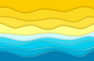 Abstract blue sea and beach summer background with paper waves and seacoast for banner, invitation, poster or web site design. Paper cut style. Vector illustration