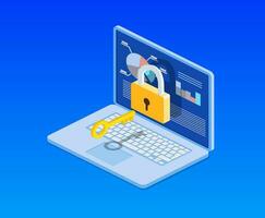 Data protection. Internet security. 3d isometric computer pc with key, lock. Concept for web page, banner, presentation, social media, documents cards, posters vector