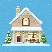 Decorated building for new year eve, home with lights and with fir tree prepared for christmas celebration. New year and xmas celebration. Vector illustration flat style