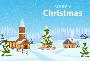 Suburban house covered snow. Building in holiday ornament. Christmas landscape tree spruce. Happy new year decoration. Merry christmas holiday. New year xmas celebration. Vector illustration