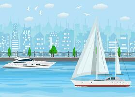 Sailboat with white canvas and modern yacht vector