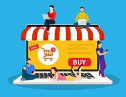 E-commerce cart concept. people using mobile gadgets such as tablet and smartphone for online purchasing and ordering goods. Online shop. Web store. Vector illustration in flat style