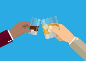 Hands holding glasses with drinks. Celebration ceremony, holydays. Vector Illustration in flat style