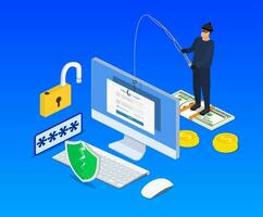 isometric Login into account and fishing hook. Internet phishing, hacked login and password.Computer internet security concept. Anti virus, spyware, malware. Vector illustration in flat style