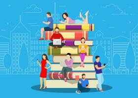 Distance education concept. Knowledge online, e-learning, tutorials. young people using laptop and tablet pc for distance studying and education. Vector illustration in flat style