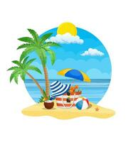 Summer accessories for the beach. Bag, sunglasses, flip flops, starfish, ball, Umbrella . Against the background of the sun the sea and palm trees. Vector illustration in flat style