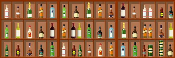 Alcohol drinks collection. Bottles on shelf. Vodka champagne wine whiskey beer brandy tequila cognac liquor vermouth gin rum absinthe sambuca cider bourbon. Vector illustration in flat style