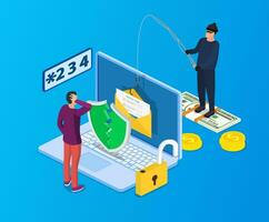 isometric Login into account in email envelope and fishing hook. Internet phishing, hacked login and password. Netwrok and internet security. Anti virus, spyware, Vector illustration in flat style