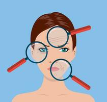 magnifier magnifying the woman facial to finding wrinkle around her face area. SPA beauty and health concept. Vector illustration in flat style