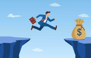 businessman jump through the gap to get bag full of money. an employee with a running jump from one cliff to another. the concept of business risk and success.Vector illustration in flat style. vector