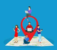 Mobile marketing with map tag concept. people using mobile smartphone to find shopping mall, events and offers. Vector illustration in flat style