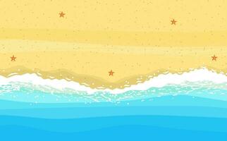 Coast of sea, ocean with sand, scattered rocks, starfish. Sea surf, top view, background for a summer greeting card or promotional offers. Vector illustration in flat style